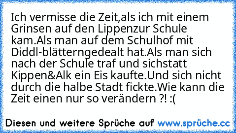 Ich vermisse die Zeit,
als ich mit einem Grinsen auf den Lippen
zur Schule kam.
Als man auf dem Schulhof mit Diddl-blättern
gedealt hat.
Als man sich nach der Schule traf und sich
statt Kippen&Alk ein Eis kaufte.
Und sich nicht durch die halbe Stadt fickte.
Wie kann die Zeit einen nur so verändern ?! :(