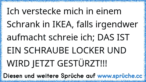 Ich verstecke mich in einem Schrank in IKEA, falls irgendwer aufmacht schreie ich; DAS IST EIN SCHRAUBE LOCKER UND WIRD JETZT GESTÜRZT!!!