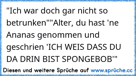 "Ich war doch gar nicht so betrunken"
"Alter, du hast 'ne Ananas genommen und geschrien 'ICH WEIS DASS DU DA DRIN BIST SPONGEBOB'"