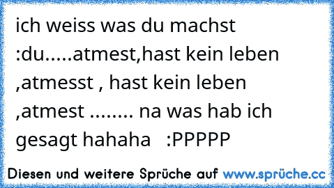 ich weiss was du machst :
du.....
atmest,hast kein leben ,atmesst , hast kein leben ,atmest ........ na was hab ich gesagt hahaha   :PPPPP