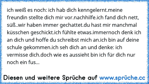 ich weiß es noch: ich hab dich kenngelernt.
meine freundin stellte dich mir vor.nachhilfe.
ich fand dich nett, süß..
wir haben immer gechattet.
du hast mir manchmal küsschen geschickt.
ich fühlte etwas.
immernoch denk ich an dich und hoffe du schreibst mich an.
ich bin auf deine schule gekommen.
ich seh dich an und denke: ich vermisse dich.
doch wie es aussieht bin ich für dich nur noch ein fus...