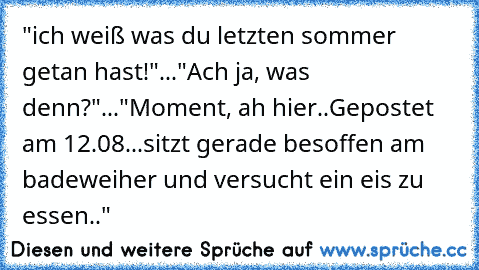 "ich weiß was du letzten sommer getan hast!"..."Ach ja, was denn?"..."Moment, ah hier..Gepostet am 12.08...sitzt gerade besoffen am badeweiher und versucht ein eis zu essen.."