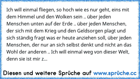 Ich will einmal fliegen, so hoch wie es nur geht, eins mit dem Himmel und den Wolken sein .. über jeden Menschen unten auf der Erde .. über jeden Menschen, der sich mit dem Krieg und den Geldsorgen plagt und sich ständig fragt was er heute anziehen soll, über jeden Menschen, der nur an sich selbst denkt und nicht an das Wohl der anderen .. Ich will einmal weg von dieser Welt, denn sie ist mir zu h...