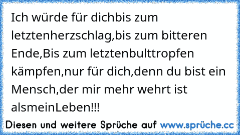 Ich würde für dich
bis zum letzten
herzschlag,
bis zum bitteren Ende,
Bis zum letzten
bulttropfen kämpfen,
nur für dich,
denn du bist ein Mensch,
der mir mehr wehrt ist als
mein
Leben!!!