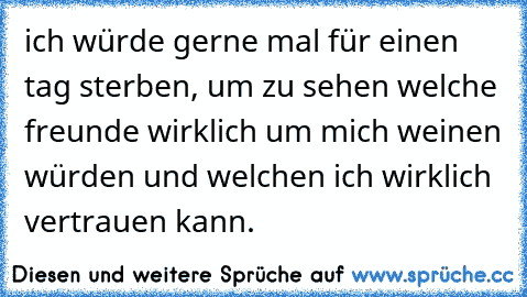 ich würde gerne mal für einen tag sterben, um zu sehen welche freunde wirklich um mich weinen würden und welchen ich wirklich vertrauen kann.