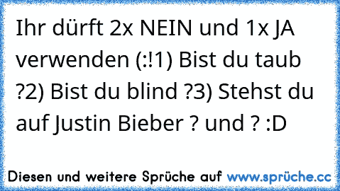 Ihr dürft 2x NEIN und 1x JA verwenden (:!
1) Bist du taub ?
2) Bist du blind ?
3) Stehst du auf Justin Bieber ? 
und ? :D