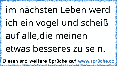 im nächsten Leben werd ich ein vogel und scheiß auf alle,die meinen etwas besseres zu sein.