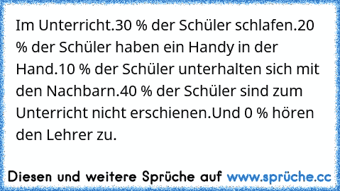 Im Unterricht.
30 % der Schüler schlafen.
20 % der Schüler haben ein Handy in der Hand.
10 % der Schüler unterhalten sich mit den Nachbarn.
40 % der Schüler sind zum Unterricht nicht erschienen.
Und 0 % hören den Lehrer zu.