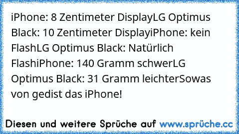 iPhone: 8 Zentimeter Display
LG Optimus Black: 10 Zentimeter Display
iPhone: kein Flash
LG Optimus Black: Natürlich Flash
iPhone: 140 Gramm schwer
LG Optimus Black: 31 Gramm leichter
Sowas von gedist das iPhone!