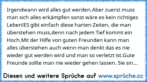 Irgendwann wird alles gut werden.Aber zuerst muss man sich alles erkämpfen sonst wäre es kein richtiges Leben!ES gibt einfach diese harten Zeiten, die man überstehen muss,denn nach jedem Tief kommt ein Hoch.Mit der Hilfe von guten Freunden kann man alles überstehen auch wenn man denkt das es nie wieder gut werden wird und man so verletzt ist.Gute Freunde sollte man nie wieder gehen lassen. Sie ...