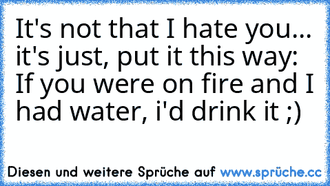 It's not that I hate you... it's just, put it this way: If you were on fire and I had water, i'd drink it ;)