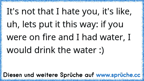 It's not that I hate you, it's like, uh, lets put it this way: if you were on fire and I had water, I would drink the water :)