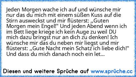 Jeden Morgen wache ich auf und wünsche mir nur das du mich mit einem süßen Kuss auf die Stirn ausweckst und mir flüsterst: ,,Guten Morgen mein Engel!" Und jeden Abend wenn ich im Bett liege kriege ich kein Auge zu weil DU mich dazu bringst nur an dich zu denken! Ich wünsche mir das du neben mir liegst und mir flüsterst: ,,Gute Nacht mein Schatz ich liebe dich!" Und dass du mich danach noch ein ...