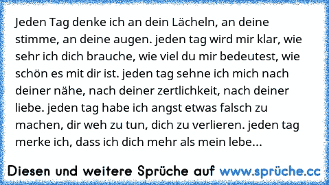 Jeden Tag denke ich an dein Lächeln, an deine stimme, an deine augen. jeden tag wird mir klar, wie sehr ich dich brauche, wie viel du mir bedeutest, wie schön es mit dir ist. jeden tag sehne ich mich nach deiner nähe, nach deiner zertlichkeit, nach deiner liebe. jeden tag habe ich angst etwas falsch zu machen, dir weh zu tun, dich zu verlieren. jeden tag merke ich, dass ich dich mehr als mein l...