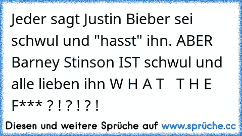 Jeder sagt Justin Bieber sei schwul und "hasst" ihn. ABER Barney Stinson IST schwul und alle lieben ihn 
W H A T   T H E   F*** ? ! ? ! ? !