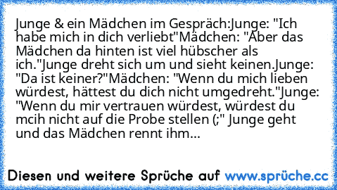 Junge & ein Mädchen im Gespräch:
Junge: "Ich habe mich in dich verliebt"
Mädchen: "Aber das Mädchen da hinten ist viel hübscher als ich."
Junge dreht sich um und sieht keinen.
Junge: "Da ist keiner?"
Mädchen: "Wenn du mich lieben würdest, hättest du dich nicht umgedreht."
Junge: "Wenn du mir vertrauen würdest, würdest du mcih nicht auf die Probe stellen (;" 
Junge geht und das Mädchen rennt ihm...