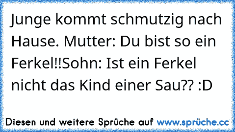 Junge kommt schmutzig nach Hause.
 Mutter: Du bist so ein Ferkel!!
Sohn: Ist ein Ferkel nicht das Kind einer Sau?? :D