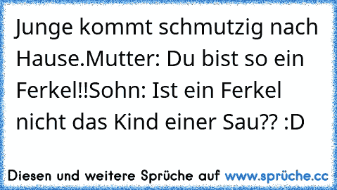 Junge kommt schmutzig nach Hause.
Mutter: Du bist so ein Ferkel!!
Sohn: Ist ein Ferkel nicht das Kind einer Sau?? :D