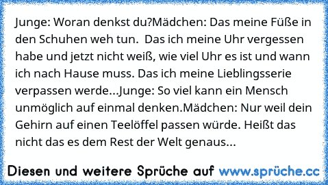 Junge: Woran denkst du?
Mädchen: Das meine Füße in den Schuhen weh tun.  Das ich meine Uhr vergessen habe und jetzt nicht weiß, wie viel Uhr es ist und wann ich nach Hause muss. Das ich meine Lieblingsserie verpassen werde...
Junge: So viel kann ein Mensch unmöglich auf einmal denken.
Mädchen: Nur weil dein Gehirn auf einen Teelöffel passen würde. Heißt das nicht das es dem Rest der Welt genaus...