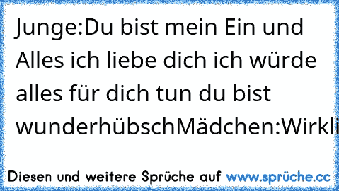 Junge:Du bist mein Ein und Alles ich liebe dich ich würde alles für dich tun du bist wunderhübsch
Mädchen:Wirklich 