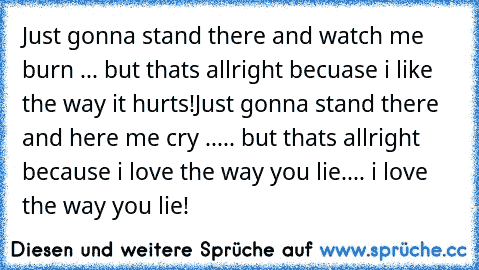 Just gonna stand there and watch me burn ... but thats allright becuase i like the way it hurts!
Just gonna stand there and here me cry ..... but thats allright because i love the way you lie.... i love the way you lie!
