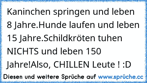 Kaninchen springen und leben 8 Jahre.
Hunde laufen und leben 15 Jahre.
Schildkröten tuhen NICHTS und leben 150 Jahre!
Also, CHILLEN Leute ! :D ♥