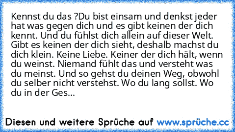 Kennst du das ?
Du bist einsam und denkst jeder hat was gegen dich und es gibt keinen der dich kennt. Und du fühlst dich allein auf dieser Welt. Gibt es keinen der dich sieht, deshalb machst du dich klein. Keine Liebe. Keiner der dich hält, wenn du weinst. Niemand fühlt das und versteht was du meinst. Und so gehst du deinen Weg, obwohl du selber nicht verstehst. Wo du lang sollst. Wo du in der ...