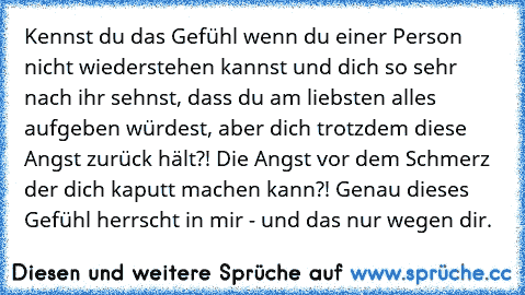 Kennst du das Gefühl wenn du einer Person nicht wiederstehen kannst und dich so sehr nach ihr sehnst, dass du am liebsten alles aufgeben würdest, aber dich trotzdem diese Angst zurück hält?! Die Angst vor dem Schmerz der dich kaputt machen kann?! Genau dieses Gefühl herrscht in mir - und das nur wegen dir.