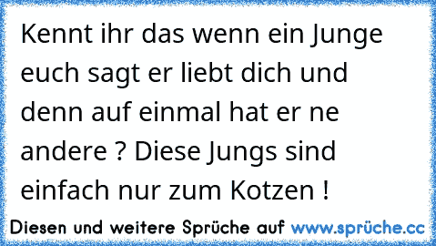 Kennt ihr das wenn ein Junge euch sagt er liebt dich und denn auf einmal hat er ne andere ? 
Diese Jungs sind einfach nur zum Kotzen !