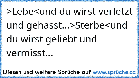 >Lebe<
und du wirst verletzt und gehasst...
>Sterbe<
und du wirst geliebt und vermisst...