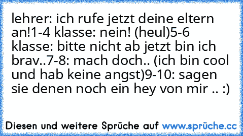 lehrer: ich rufe jetzt deine eltern an!
1-4 klasse: nein! (heul)
5-6 klasse: bitte nicht ab jetzt bin ich brav..
7-8: mach doch.. (ich bin cool und hab keine angst)
9-10: sagen sie denen noch ein hey von mir .. :)