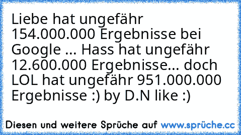 Liebe hat ungefähr 154.000.000 Ergebnisse bei Google ... Hass hat ungefähr 12.600.000 Ergebnisse... doch LOL hat ungefähr 951.000.000 Ergebnisse :) by D.N 
like :)