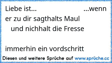 Liebe ist...
                         ...wenn er zu dir sagt
halts Maul
                  und nich
halt die Fresse                                                        immerhin ein vordschritt