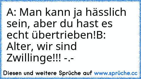 A: Man kann ja hässlich sein, aber du hast es echt übertrieben!
B: Alter, wir sind Zwillinge!!! -.-