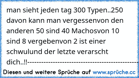 man sieht jeden tag 300 Typen..
250 davon kann man vergessen
von den anderen 50 sind 40 Machos
von 10 sind 8 vergeben
von 2 ist einer schwul
und der letzte verarscht dich..!!
--------------------------------------------------------------------------------