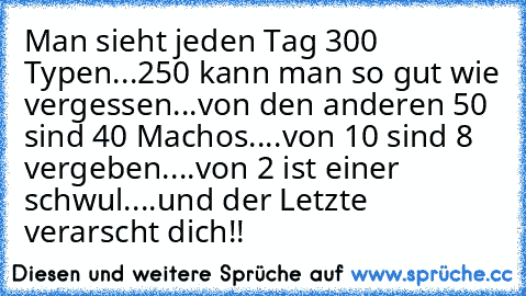 Man sieht jeden Tag 300 Typen...
250 kann man so gut wie vergessen...
von den anderen 50 sind 40 Machos....
von 10 sind 8 vergeben....
von 2 ist einer schwul....
und der Letzte verarscht dich!!