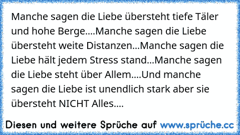 Manche sagen die Liebe übersteht tiefe Täler und hohe Berge....
Manche sagen die Liebe übersteht weite Distanzen...
Manche sagen die Liebe hält jedem Stress stand...
Manche sagen die Liebe steht über Allem....
Und manche sagen die Liebe ist unendlich stark aber sie übersteht NICHT Alles....