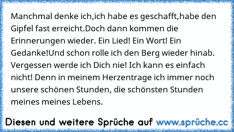 Manchmal denke ich,
ich habe es geschafft,
habe den Gipfel fast erreicht.
Doch dann kommen die Erinnerungen wieder. Ein Lied! Ein Wort! Ein Gedanke!Und schon rolle ich den Berg wieder hinab. Vergessen werde ich Dich nie! Ich kann es einfach nicht! Denn in meinem Herzen
trage ich immer noch unsere schönen Stunden, die schönsten Stunden meines meines Lebens.