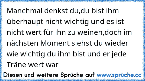 Manchmal denkst du,du bist ihm überhaupt nicht wichtig und es ist nicht wert für ihn zu weinen,doch im nächsten Moment siehst du wieder wie wichtig du ihm bist und er jede Träne wert war