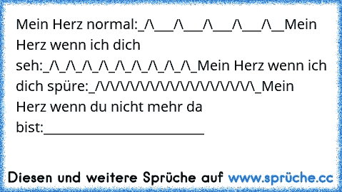 Mein Herz normal:
_/\___/\___/\___/\___/\__
Mein Herz wenn ich dich seh:
_/\_/\_/\_/\_/\_/\_/\_/\_/\_
Mein Herz wenn ich dich spüre:
_/\/\/\/\/\/\/\/\/\/\/\/\/\/\/\/\_
Mein Herz wenn du nicht mehr da bist:
_________________________