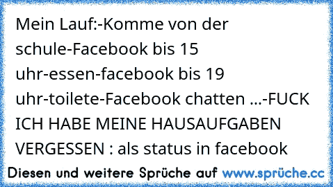 Mein Lauf:
-Komme von der schule
-Facebook bis 15 uhr
-essen
-facebook bis 19 uhr
-toilete
-Facebook chatten ...
-FUCK ICH HABE MEINE HAUSAUFGABEN VERGESSEN : als status in facebook