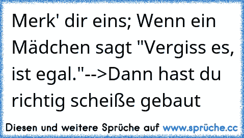 Merk' dir eins; Wenn ein Mädchen sagt "Vergiss es, ist egal."
-->Dann hast du richtig scheiße gebaut