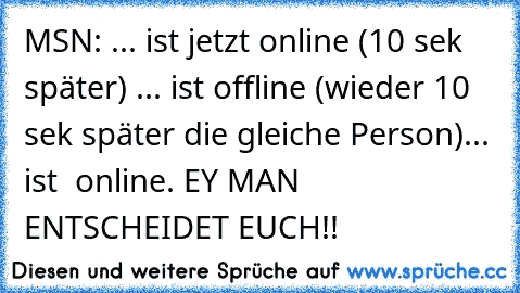 MSN: ... ist jetzt online (10 sek später) ... ist offline (wieder 10 sek später die gleiche Person)... ist  online. EY MAN ENTSCHEIDET EUCH!!