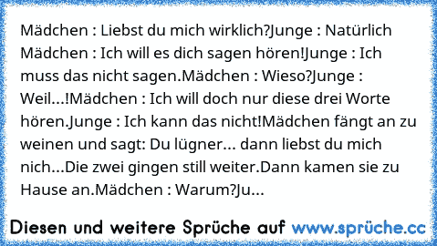 Mädchen : Liebst du mich wirklich?
Junge : Natürlich 
Mädchen : Ich will es dich sagen hören!
Junge : Ich muss das nicht sagen.
Mädchen : Wieso?
Junge : Weil...!
Mädchen : Ich will doch nur diese drei Worte hören.
Junge : Ich kann das nicht!
Mädchen fängt an zu weinen und sagt: Du lügner... dann liebst du mich nich...
Die zwei gingen still weiter.
Dann kamen sie zu Hause an.
Mädchen : Warum?
Ju...