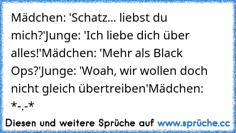 Mädchen: 'Schatz... liebst du mich?'
Junge: 'Ich liebe dich über alles!'
Mädchen: 'Mehr als Black Ops?'
Junge: 'Woah, wir wollen doch nicht gleich übertreiben'
Mädchen: *-.-*
