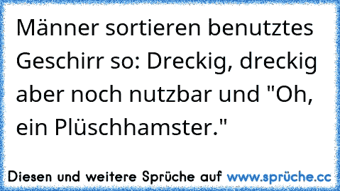 Männer sortieren benutztes Geschirr so: Dreckig, dreckig aber noch nutzbar und "Oh, ein Plüschhamster."