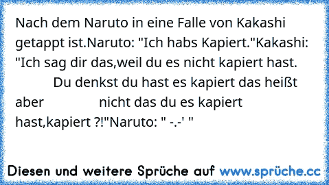 Nach dem Naruto in eine Falle von Kakashi getappt ist.
Naruto: "Ich habs Kapiert."
Kakashi: "Ich sag dir das,weil du es nicht kapiert hast.
                Du denkst du hast es kapiert das heißt aber
                nicht das du es kapiert hast,kapiert ?!"
Naruto: " -.-' "