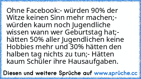 Ohne Facebook:
- würden 90% der Witze keinen Sinn mehr machen;
- würden kaum noch Jugendliche wissen wann wer Geburtstag hat;
- hätten 50% aller Jugendlichen keine Hobbies mehr und 30% hätten den halben tag nichts zu tun;
- Hätten kaum Schüler ihre Hausaufgaben.