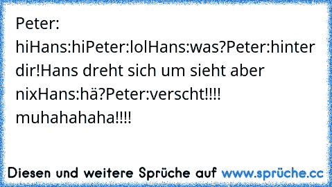 Peter: hi
Hans:hi
Peter:lol
Hans:was?
Peter:hinter dir!
Hans dreht sich um sieht aber nix
Hans:hä?
Peter:verscht!!!! muhahahaha!!!!