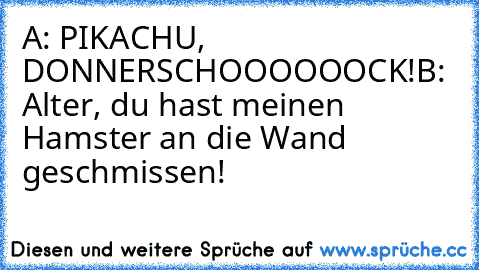 A: PIKACHU, DONNERSCHOOOOOOCK!
B: Alter, du hast meinen Hamster an die Wand geschmissen!